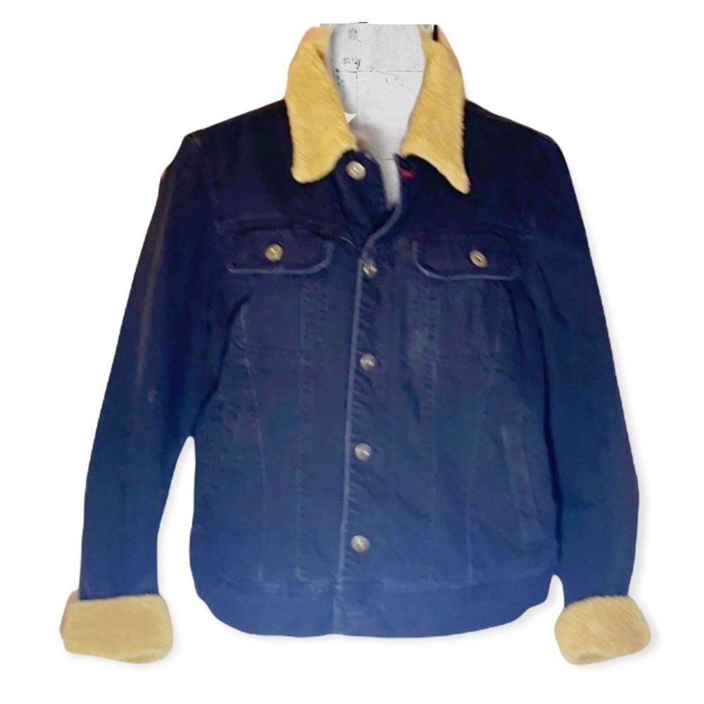 Tommy Hilfiger Black Denim Jean Jacket Faux Fur Lining Vintage 1990s Y2K Large